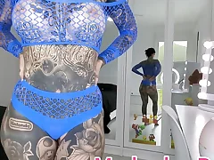 Blue Lace Sheer Undergarments Attempt On Drag with Meaty Milk cans Melody Radford